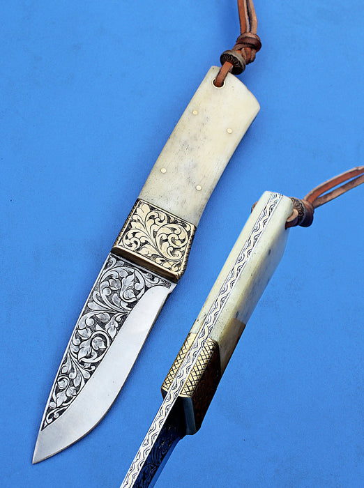 HTK-277 Knife/ Skinner / Hunting / Camping / Hand Made / Custom / Camel Bone Handle / 1095 Steel - HomeTown Knives