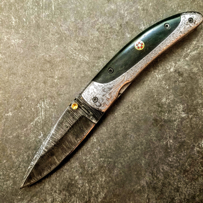 HTK-10 Damascus Knife custom handmade Folder / Micarta handle / Damascus bolsters - HomeTown Knives