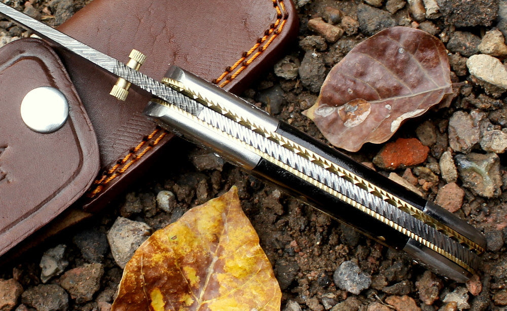 HTK - 261 Damascus Folder / Hand Made / Custom / Buffalo Horn handle / Stainless steel bolster / Liner Lock - HomeTown Knives