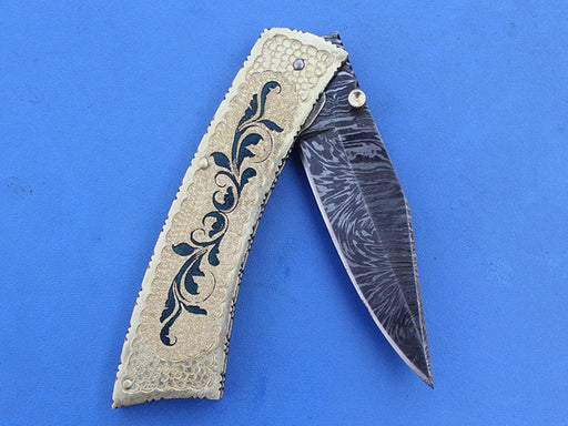 HTS-269 Engraved Brass Damascus knife  Custom Hand Made / Brass handle  / Liner Lock - HomeTown Knives