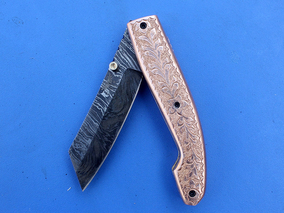 HTK -271  Damascus Knife custom handmade Folder Brass handler / Liner Lock - HomeTown Knives