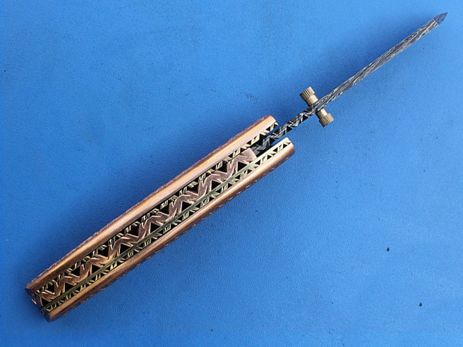 HTK -271  Damascus Knife custom handmade Folder Brass handler / Liner Lock - HomeTown Knives