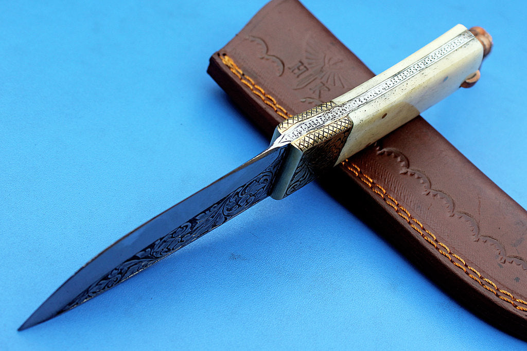 HTK-277 Knife/ Skinner / Hunting / Camping / Hand Made / Custom / Camel Bone  Handle / 1095 Steel - HomeTown Knives