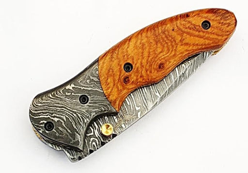 HTS-60 Damascus Folder / Hand Made / Custom / Olive Wood handle / Damascus steel bolster / Liner Lock - HomeTown Knives