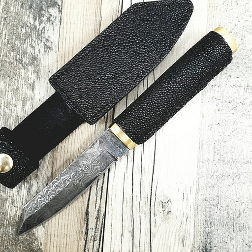 HTN12 Japenese Reverse Tanto with stingray wrapped handle.  Sanmai 3 layered Damascus with 1095 core. - HomeTown Knives