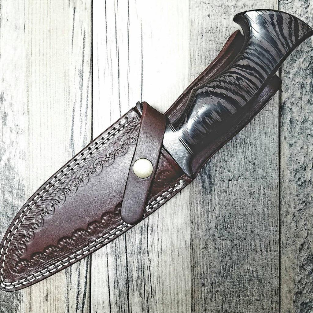 HTS-7 Damascus FEATHER Bowie // Custom // WENGE Wood Handle Amazing grains // Damascus Fittings / Feather Forged Pattern // Camp // Hunting - HomeTown Knives
