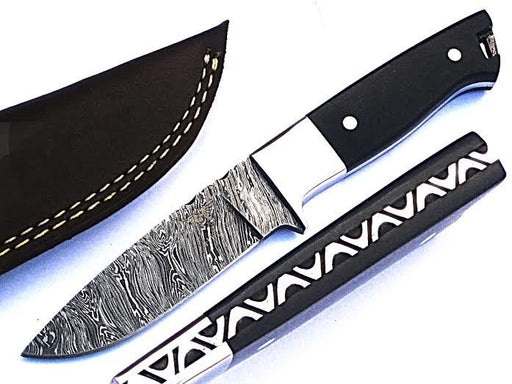 HTS-53 Minimalist Damascus Knife/ Skinner / Hunting / Camping / Full Hollow Ground / Custom / Black Micarta Handle / Fire Pattern - HomeTown Knives