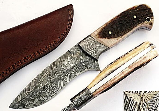 HTS-504  Damascus Knife custom handmade Skinner Knife / Stag Horn / Fire Pattern / Great quality / Camping / Hunting - HomeTown Knives