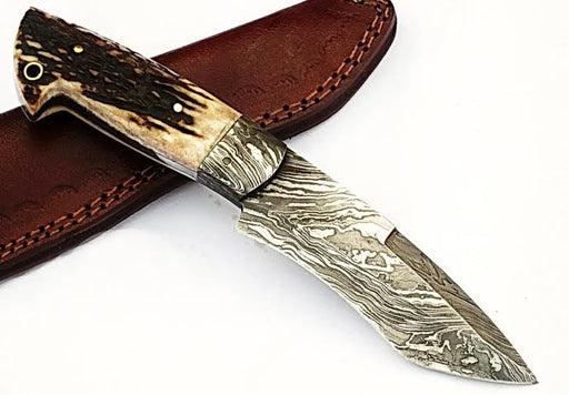 HTS-502  Damascus Knife custom handmade Skinner Knife / Stag Horn / Fire Pattern / Great quality / Camping / Hunting - HomeTown Knives