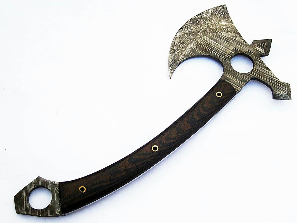 HTS-75 Damascus Handmade Tomahawk - Throwing Axe / Camping / Hunting / Chisel End / Skinner Sweep with Finger hole - HomeTown Knives