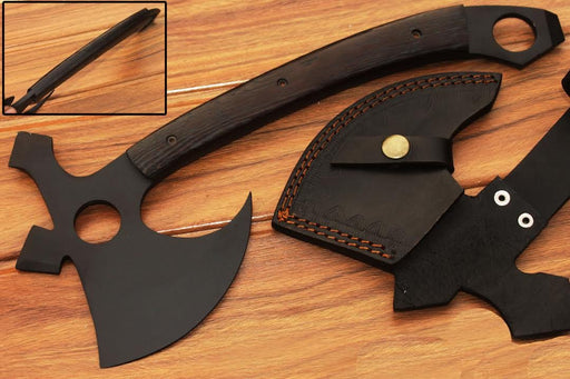 HTS-90 Carbon Black Powder Coated Handmade Tomahawk - Throwing Axe / Camping / Hunting / Chisel End / Skinner Sweep with Finger hole - HomeTown Knives