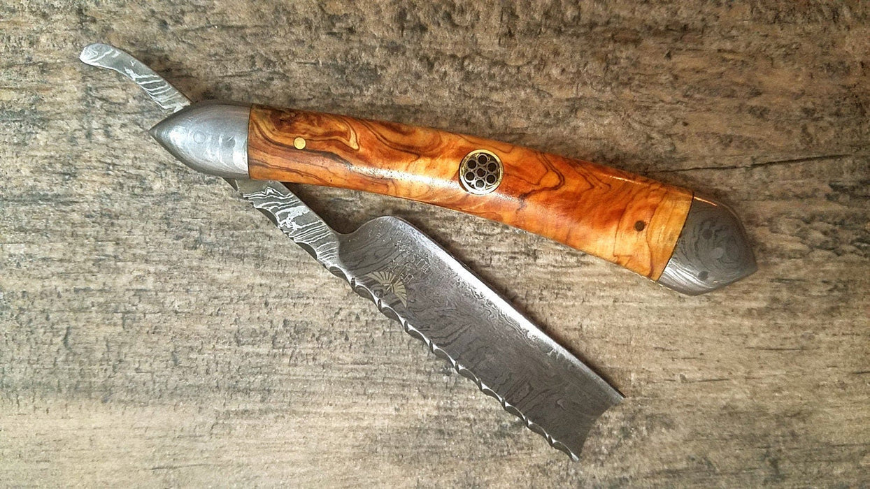 HTS-93 Damascus Straight Razor  / Shave / Handmade / Custom / Forged / Paduk Handle / Hand Filed Spine / Utility - HomeTown Knives