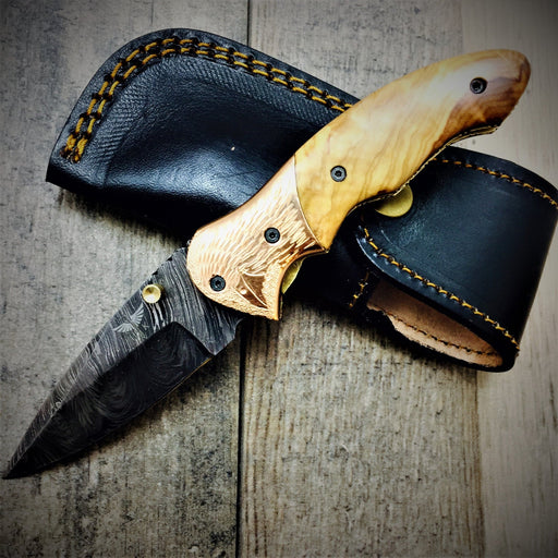 HTS-60c Damascus Folder with Copper Bolster and Engraved Bird / Hand Made / Custom / Olive Wood handle / Liner Lock - HomeTown Knives