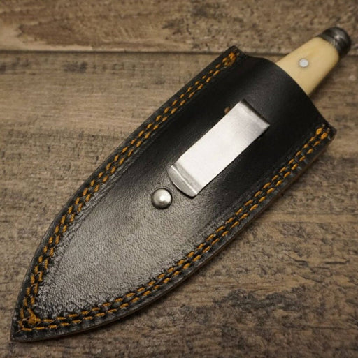 HTS 400b Bone BOOT KNIFE / 3" Blade / Hand Crafted and Hand Forged/ Damascus Steel / Fire Pattern / Clip Sheath - HomeTown Knives