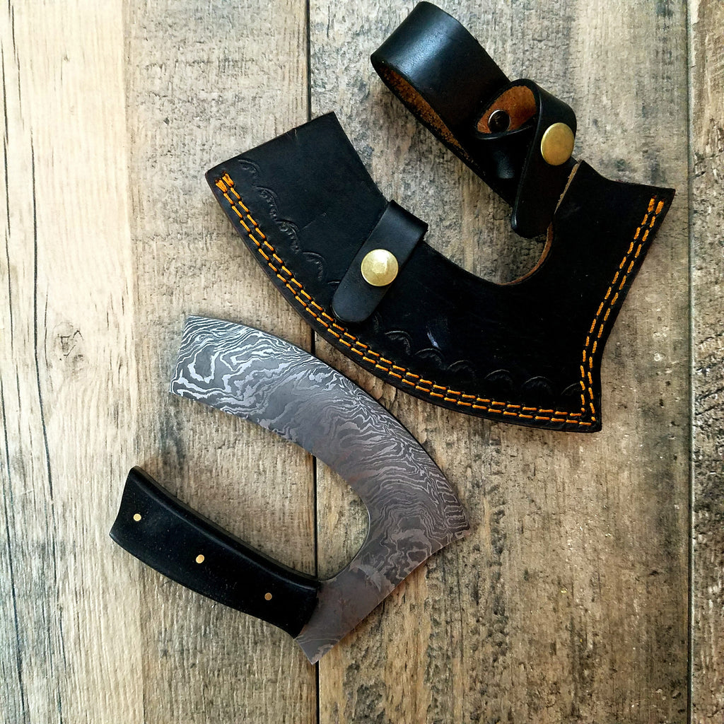 HTS-403 Custom Damascus ALASKAN ULU Skinner / Black Handle /Fire Pattern / Hunting / Field / Skinning Knife / Hand Made / Fishing / Handmade - HomeTown Knives