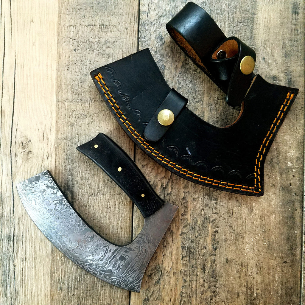HTS-403 Custom Damascus ALASKAN ULU Skinner / Black Handle /Fire Pattern / Hunting / Field / Skinning Knife / Hand Made / Fishing / Handmade - HomeTown Knives