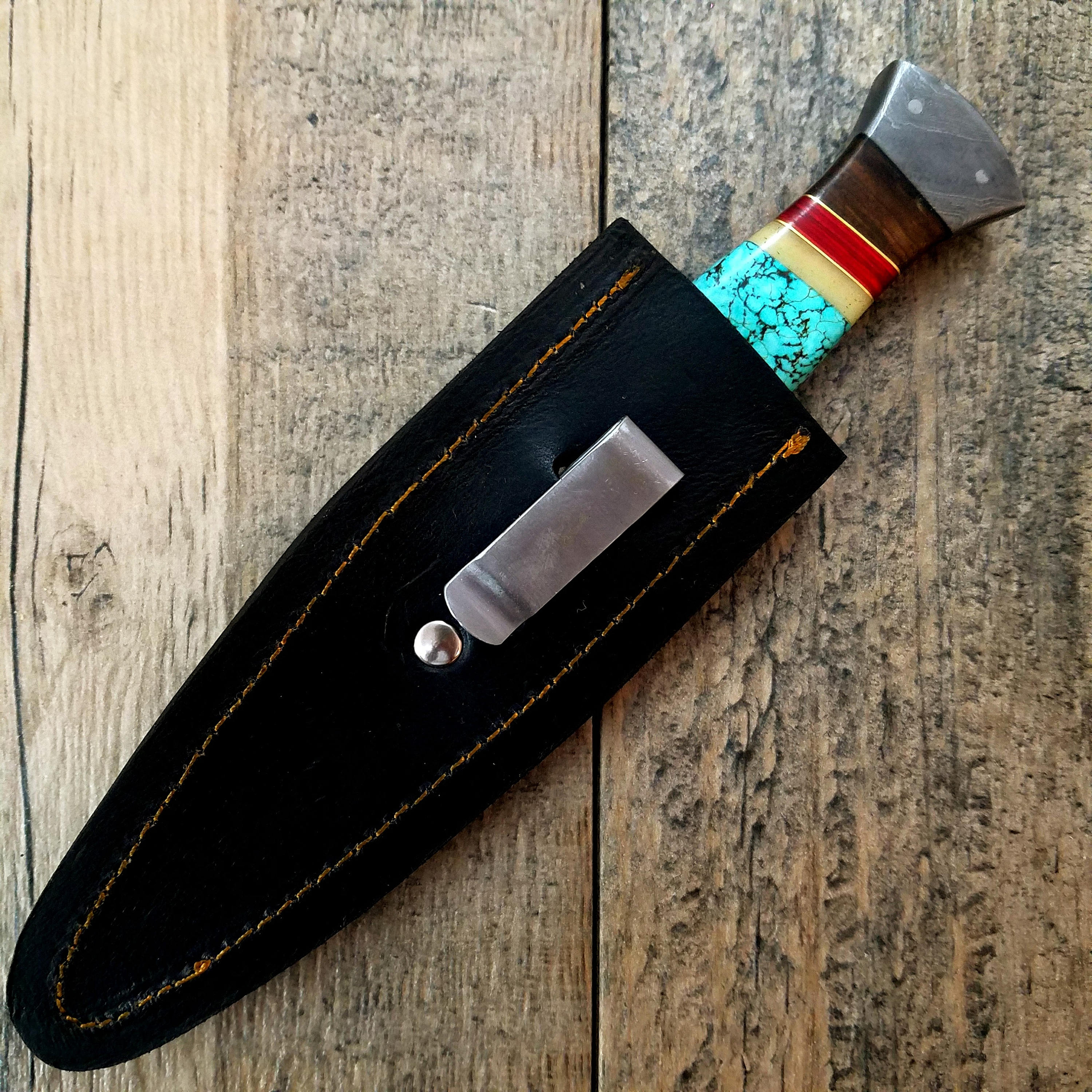 HTS-401 Custom Handmade Damascus steel BOOT Knife/ Dagger Knife / Turquoise Bone + Walnut + Camel Bone Handle / EXCLUSIVE / HomeTown Knives - HomeTown Knives