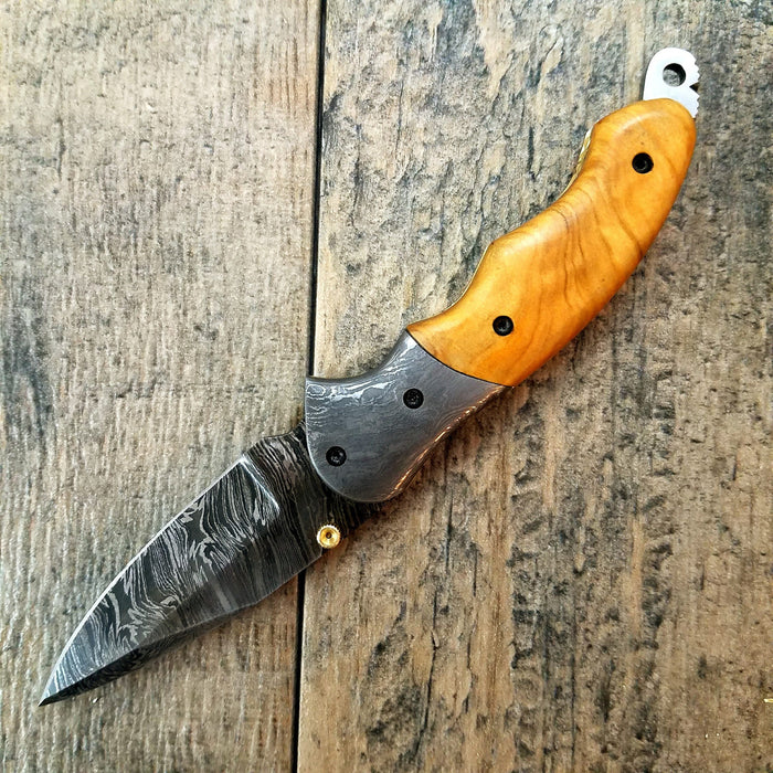 HTS-60E Damascus Folder / Handmade / Custom / Olive Wood handle / Damascus steel bolster / Liner Lock / Lanyard Extension / - HomeTown Knives