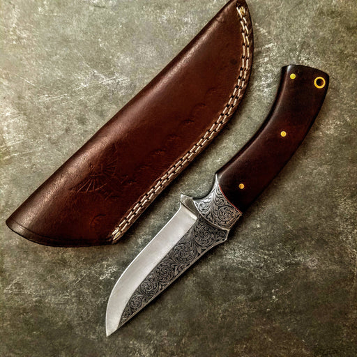 HTS-706 Knife/ Skinner / HAND ENGRAVED /  Hunting / Camping / Hand Made / Custom / Bone Handle / 440C / High Hardness - HomeTown Knives