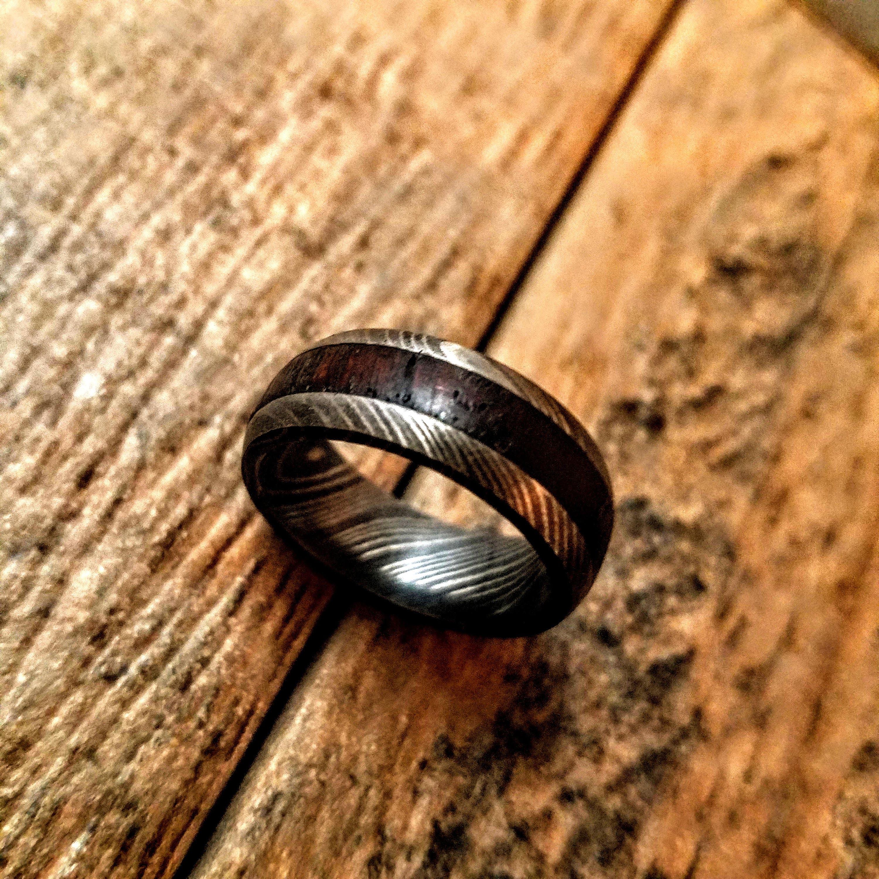 HTR4 - Damascus Ring :  Embedded African Wenge Liner - UNIQUE - Only at HomeTown Knives