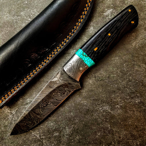 HTS-420 Custom Handmade Damascus Hunter Knife/ Fixed Blade Skinner Knife / Turquoise Stone with Wenge Handle / EXCLUSIVE / HomeTown Knives - HomeTown Knives