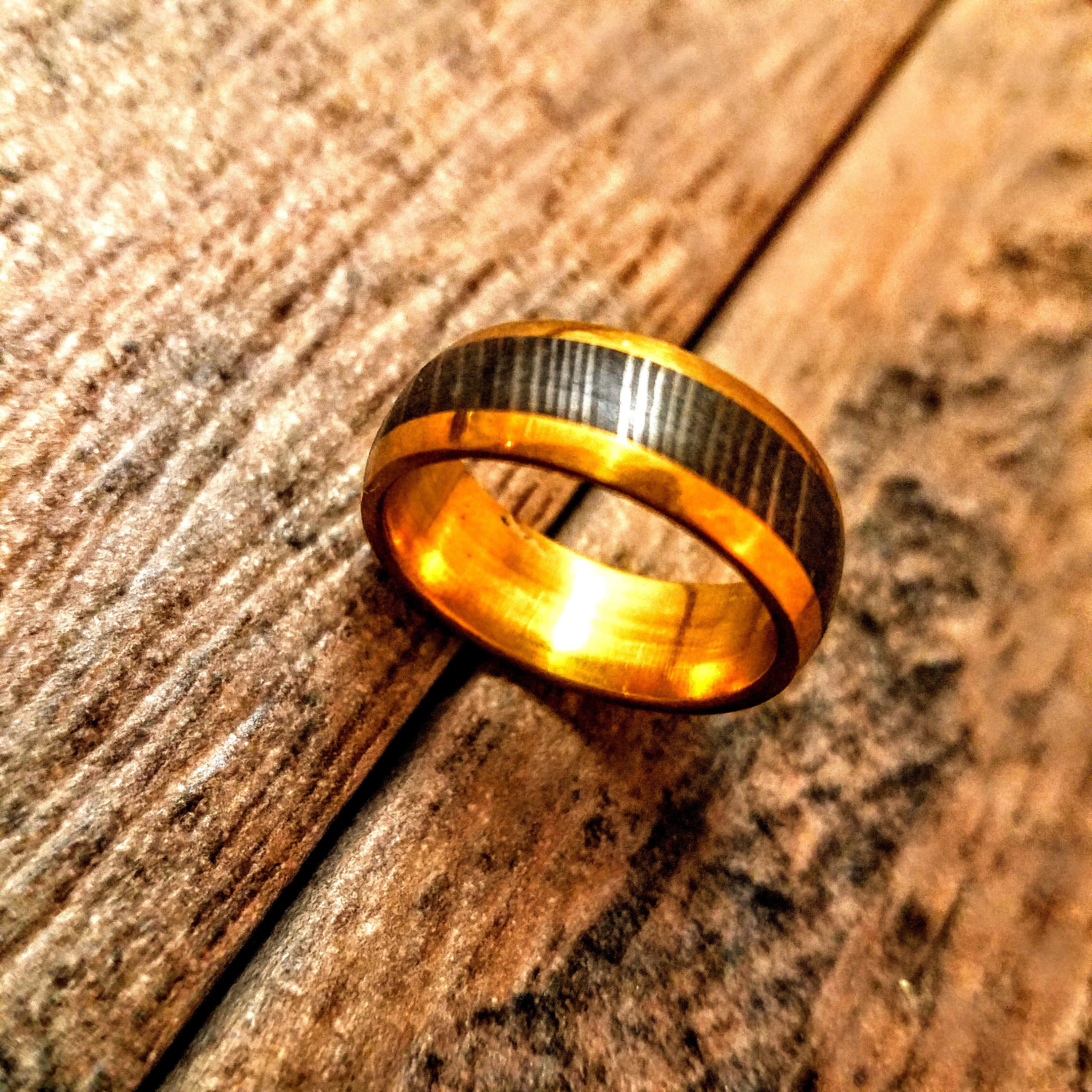 HTR3 - Damascus Ring :  Embedded Damascus Liner in  - Dome Style - HomeTown Knives