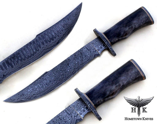 HTK1015 Damascus Knife Custom Handmade Bowie / Color Camel Bone Handle / Damascus Fittings - HomeTown Knives