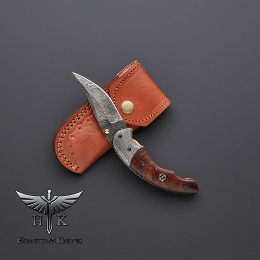 HTK-0070 Handmade Damascus Steel Pocket Folding Knife Liner Lock Rose Wood handle - HomeTown Knives