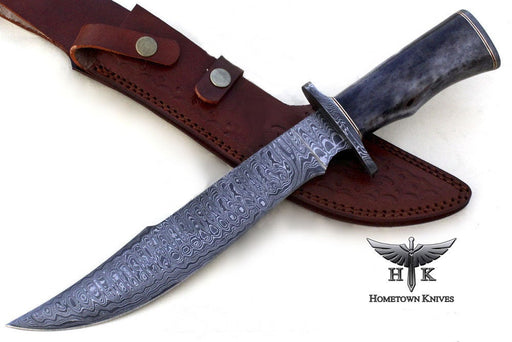 HTK-1015  Handmade Damascus Steel Hunting Bowie Knife Ladder Pattern Blade Color Camel Bone Handle - HomeTown Knives