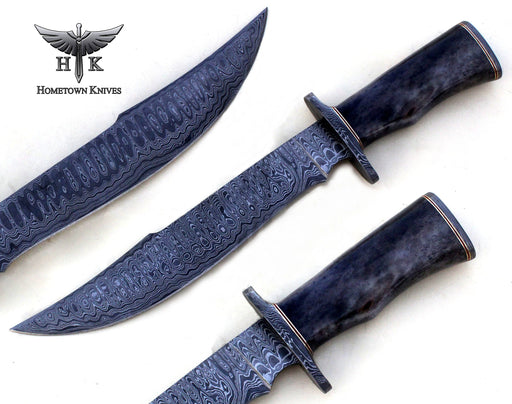 HTK-1015  Handmade Damascus Steel Hunting Bowie Knife Ladder Pattern Blade Color Camel Bone Handle - HomeTown Knives