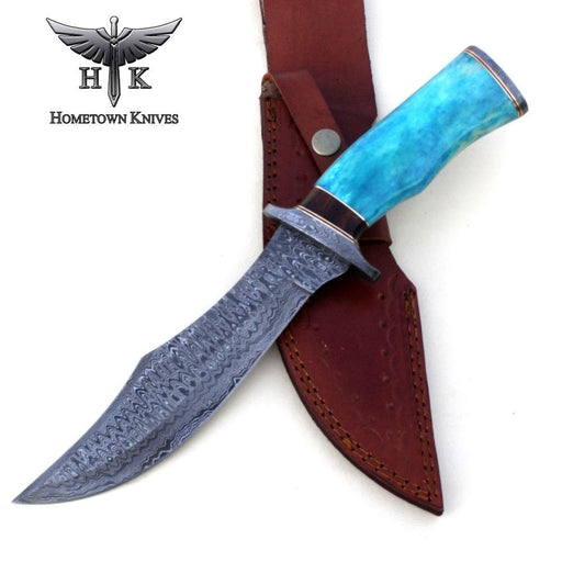 HTK-1026  Handmade Damascus Steel Hunting Bowie Knife Ladder Pattern Blade Colored Camel Bone Handle - HomeTown Knives