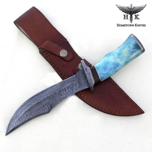 HTK-1026  Handmade Damascus Steel Hunting Bowie Knife Ladder Pattern Blade Colored Camel Bone Handle - HomeTown Knives