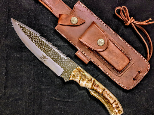 HTB-10  HANDFORGED D2 Bowie Hunter Knife with SAW / Ram Horn Handle / Camping / Hunting Game / Tactical / Throwing Knife - HomeTown Knives