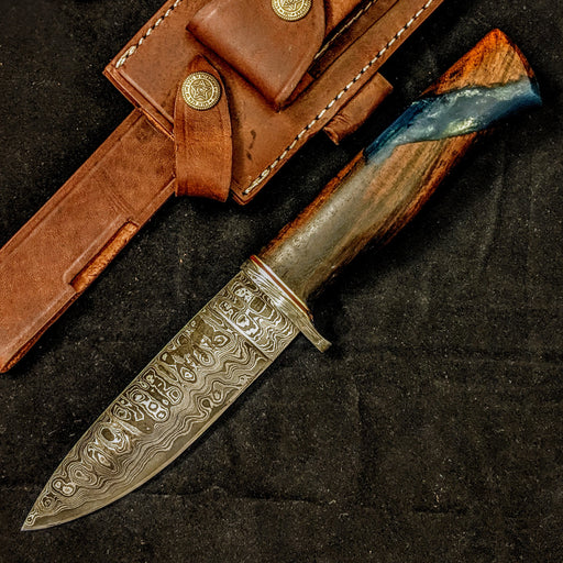 HTB-10  SANMAI Damascus Bowie Hunter Knife / Walnut with Resin Handle / Camping / SKINNER / Hunting Game / Tactical / Throwing Knife - HomeTown Knives