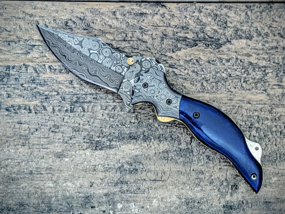 HTM-11 Damascus Pocket Knife / Folder / Blue Bone Wood /  File Artwork / Handcrafted / Hometown Knives