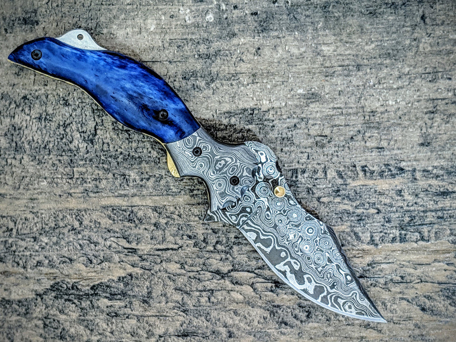 HTM-11 Damascus Pocket Knife / Folder / Blue Bone Wood /  File Artwork / Handcrafted / Hometown Knives