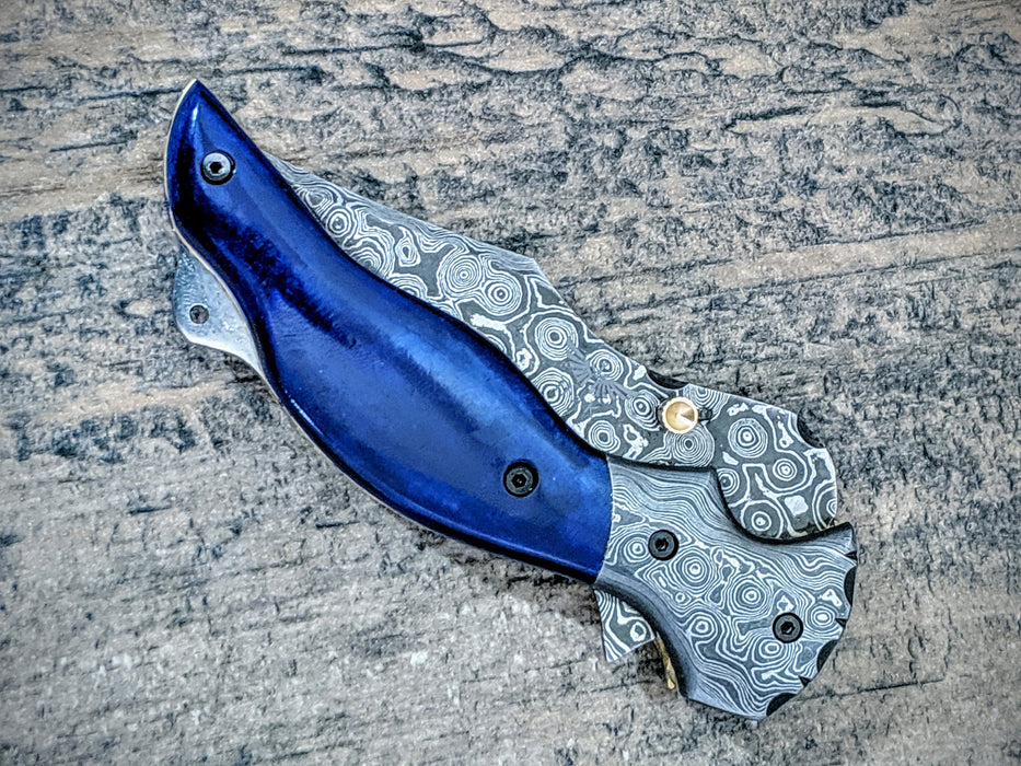 HTM-11 Damascus Pocket Knife / Folder / Blue Bone Wood /  File Artwork / Handcrafted / Hometown Knives