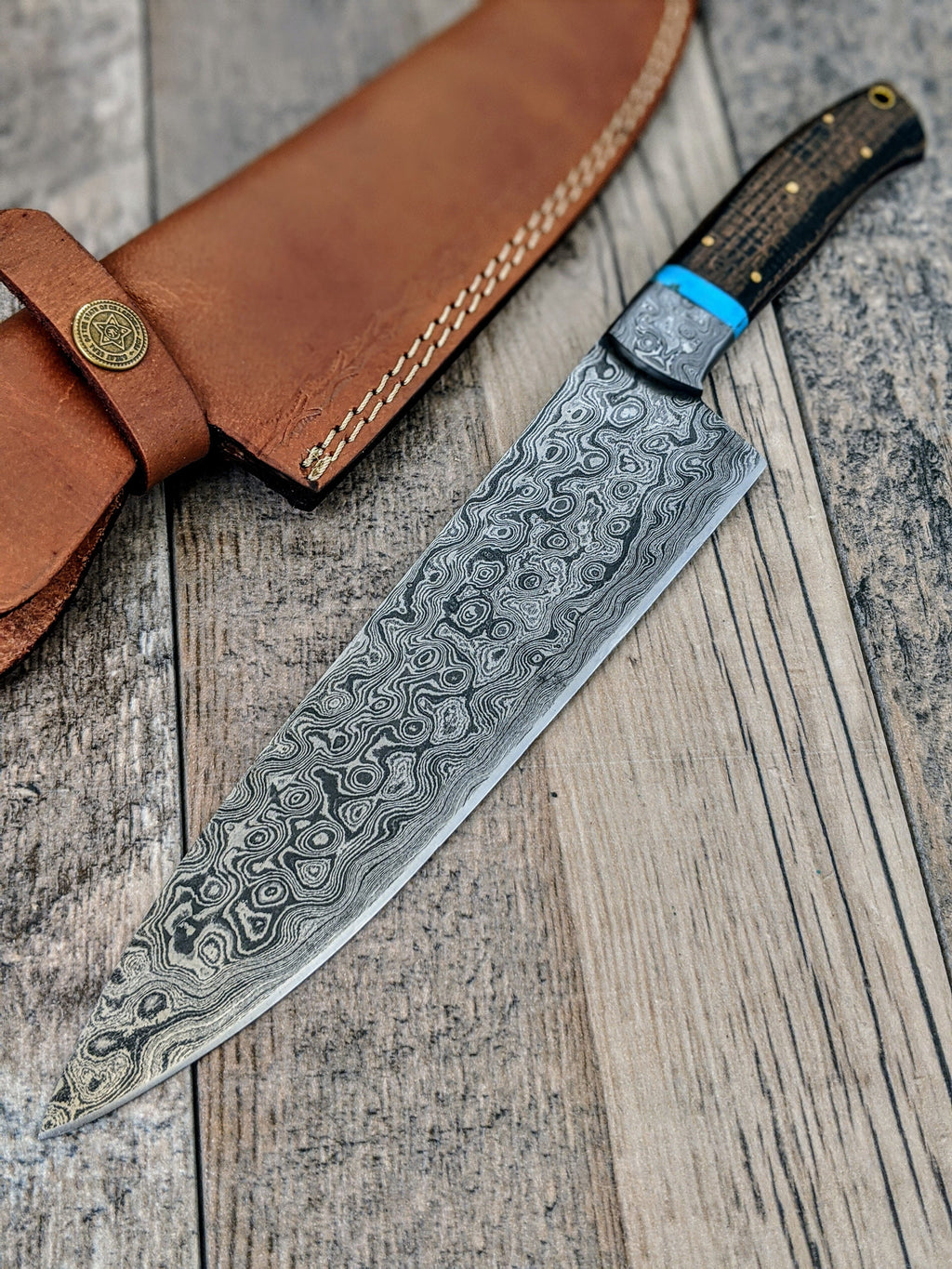 HTS475 Damascus 13" CHEF Knife // Turquoise Stone with Black Micarta Handle // Professional Grade // Sharp and Functional