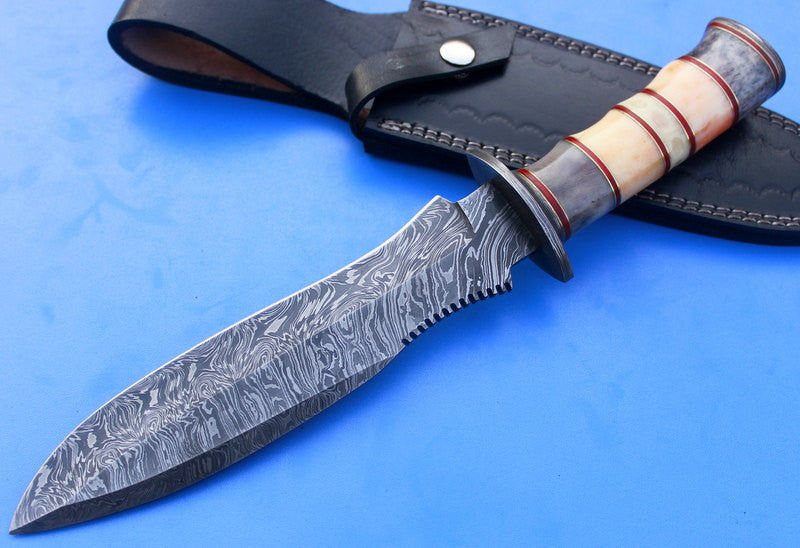 HTK-61  Damascus Knife custom handmade Bowie / Colour Camel Bone Handle / Damascus Fittings - HomeTown Knives