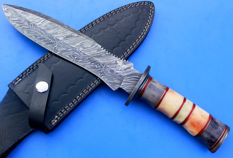 HTK-61  Damascus Knife custom handmade Bowie / Colour Camel Bone Handle / Damascus Fittings - HomeTown Knives