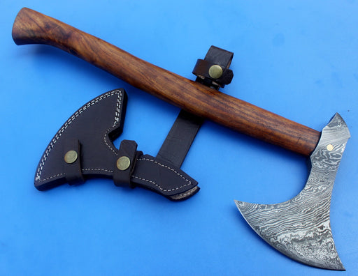 HTK 69 -  Damascus Knife custom handmade tomahawk Axe / Beak Point on back side / Walnut Handle - HomeTown Knives