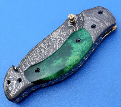 HTK-125  Damascus Knife custom handmade Folder pocket knie / Color Camel Bone handle / Damascus steel bolster / Liner Lock - HomeTown Knives