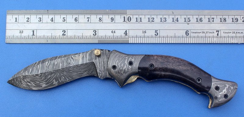 HTK-126 Damascus Folder / Hand Made / Custom / Color Camel Bone handle / Damascus steel bolster / Liner Lock - HomeTown Knives