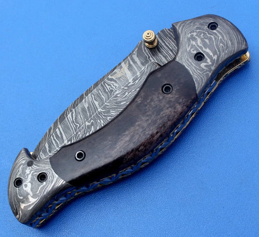 HTK-126 Damascus Folder / Hand Made / Custom / Color Camel Bone handle / Damascus steel bolster / Liner Lock - HomeTown Knives