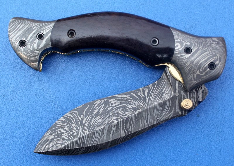 HTK-126 Damascus Folder / Hand Made / Custom / Color Camel Bone handle / Damascus steel bolster / Liner Lock - HomeTown Knives