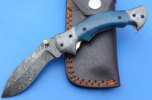 HTK-130 Damascus Knife / Hand Made / Custom / Colour Camel Bone handle / Damascus steel bolster / Liner Lock - HomeTown Knives