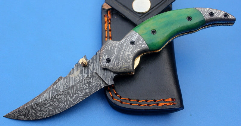 HTK-117 Damascus Folder / Hand Made / Custom / Color Camel Bone handle / Damascus steel bolster / Liner Lock - HomeTown Knives