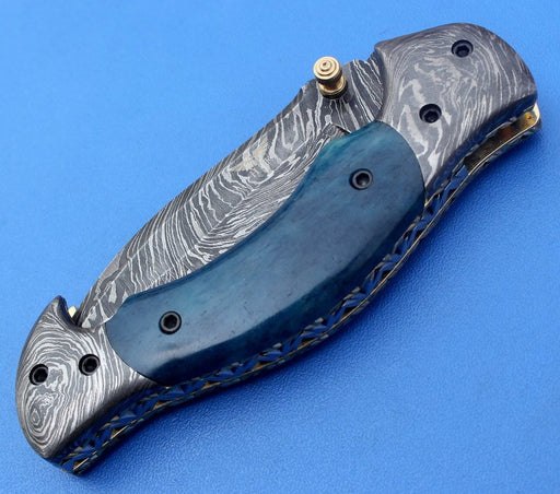 HTK-130 Damascus Knife / Hand Made / Custom / Colour Camel Bone handle / Damascus steel bolster / Liner Lock - HomeTown Knives