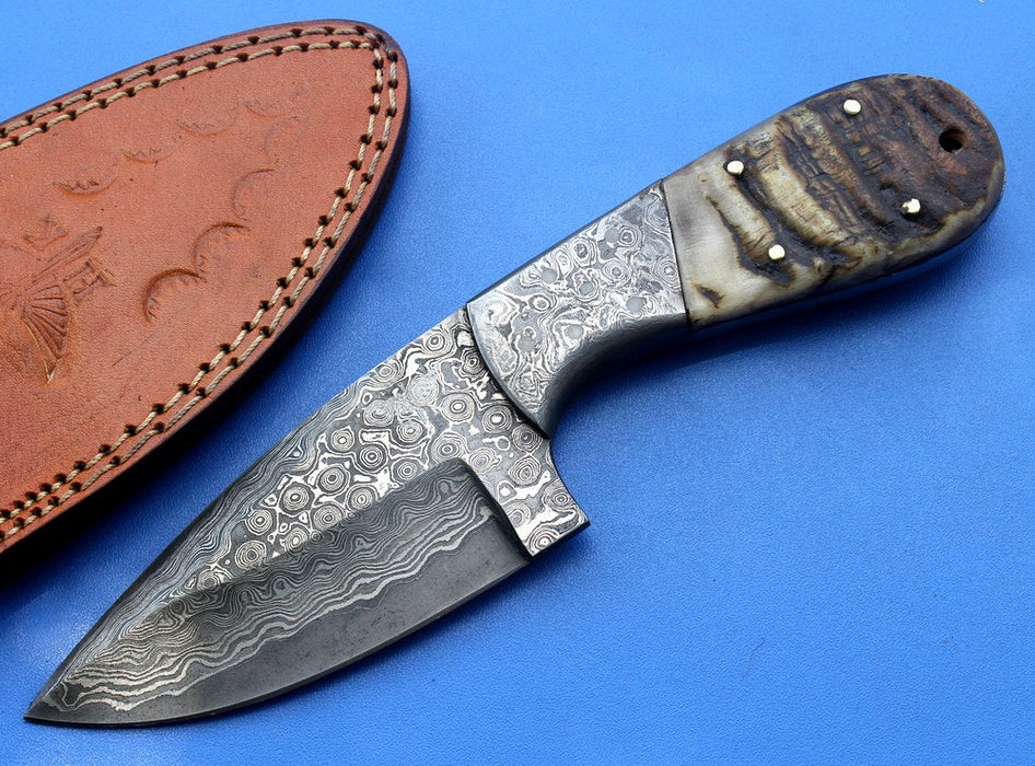 HTK -142 custom handmade Damascus Skinner Knife / Ram Horn Handle / Sanmai Rain Drop Pattern / Camping / Hunting - HomeTown Knives