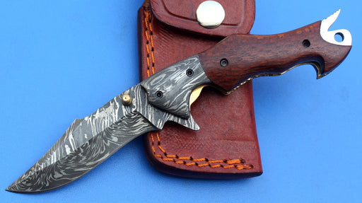 HTK -176 Damascus Folder / Hand Made / Custom / Lace Wood handle / Damascus steel bolster / Liner Lock - HomeTown Knives